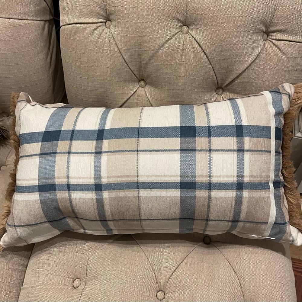 3D Jute Plaid Long Decorating Pillow 26”x15” Blue White Tan - Picture 4 of 7